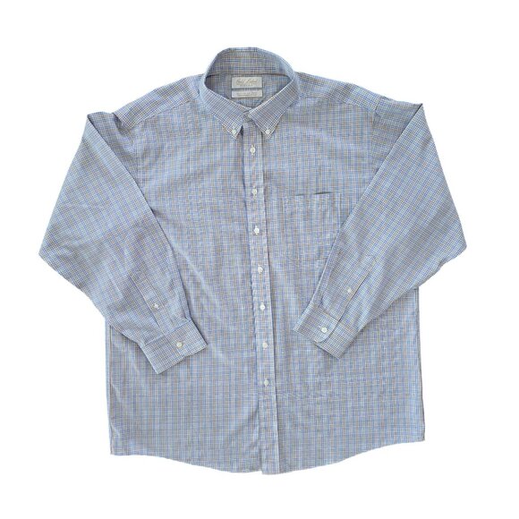 Roundtree & Yorke Gold Label Fitted Blue Tan Plaid Non-Iron Dress Shirt 17.5 34 - Picture 1 of 7